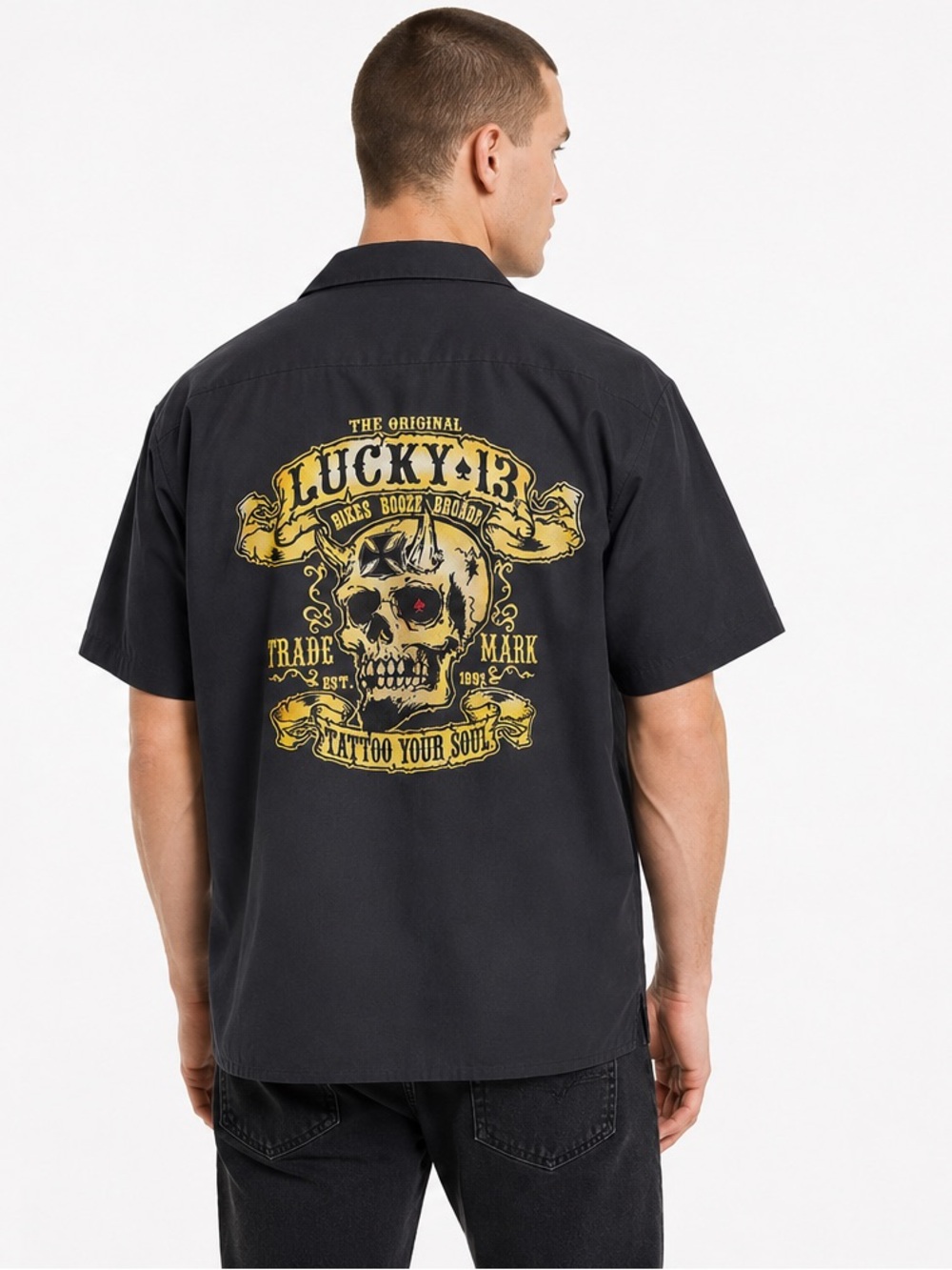 Lucky 13 x Red Kap Work Shirt Skull Tattoo your Soul Graphic Button Front XXL